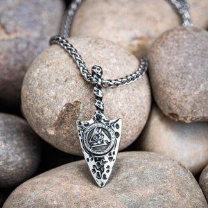 Stainless Steel Gungnir Amulet with Valknut & Runes-Viking Necklace-Norse Spirit