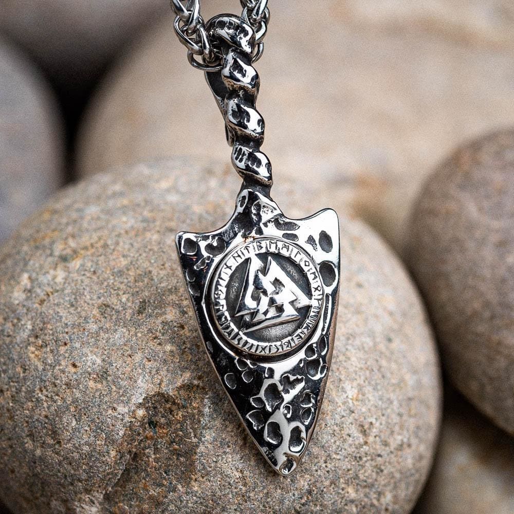 Stainless Steel Gungnir Amulet with Valknut & Runes-Viking Necklace-Norse Spirit