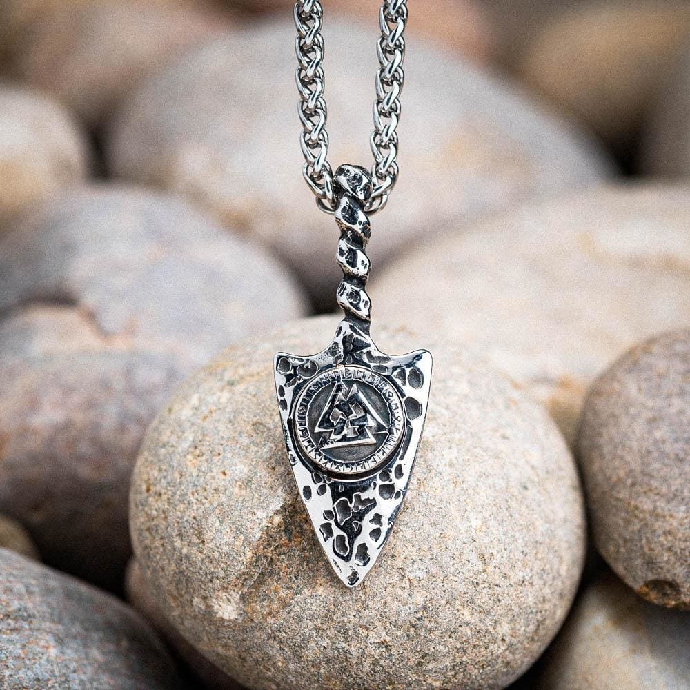 Stainless Steel Gungnir Amulet with Valknut & Runes-Viking Necklace-Norse Spirit