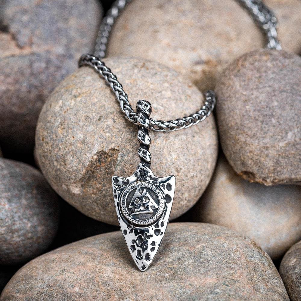 Stainless Steel Gungnir Amulet with Valknut & Runes-Viking Necklace-Norse Spirit