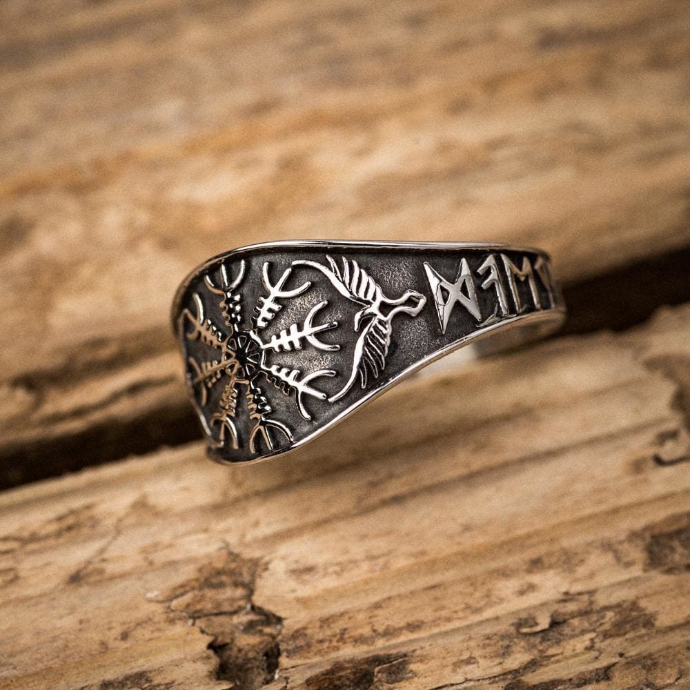 Stainless Steel Helm of Awe and Raven Ring-Viking Ring-Norse Spirit