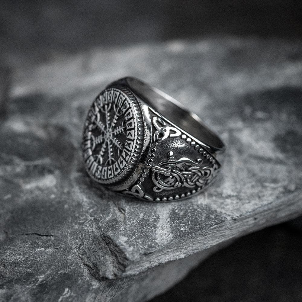 Stainless Steel Helm of Awe and Triskelion Ring-Viking Necklace-Norse Spirit