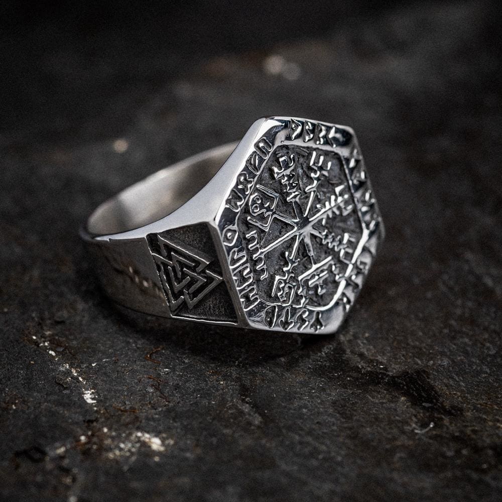 Stainless Steel Hexagonal Vegvisir & Valknut Rune Ring-Viking Ring-Norse Spirit