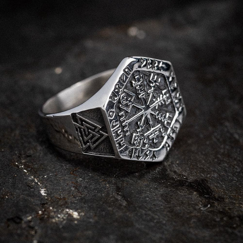 Stainless Steel Hexagonal Vegvisir & Valknut Rune Ring - Norse Spirit