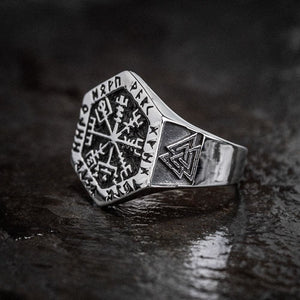 Stainless Steel Hexagonal Vegvisir & Valknut Rune Ring-Viking Ring-Norse Spirit