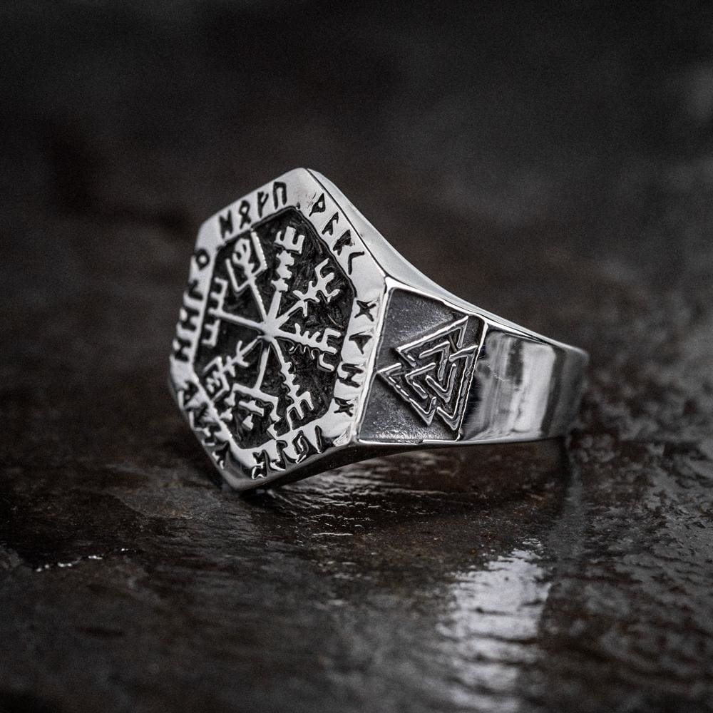 Stainless Steel Hexagonal Vegvisir & Valknut Rune Ring - Norse Spirit