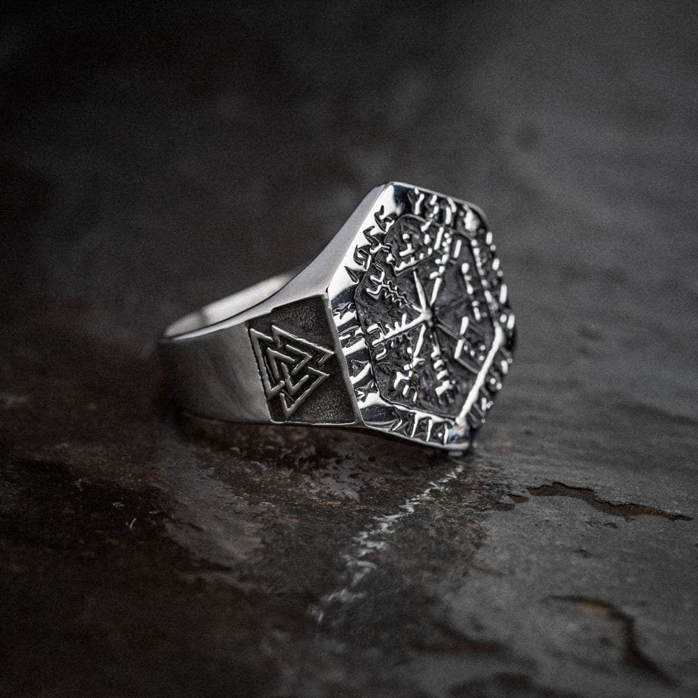 Stainless Steel Hexagonal Vegvisir & Valknut Rune Ring-Viking Ring-Norse Spirit