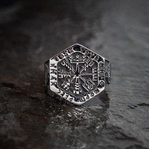 Stainless Steel Hexagonal Vegvisir & Valknut Rune Ring-Viking Ring-Norse Spirit