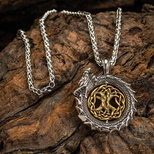 Stainless Steel Jormungand Necklace With Central Rotating Tree of Life-Viking Necklace-Norse Spirit