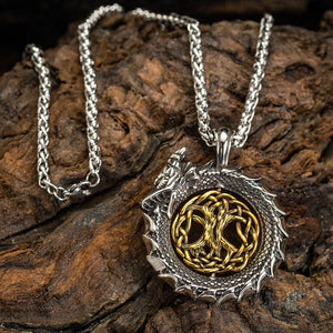 Stainless Steel Jormungand Necklace With Central Rotating Tree of Life-Viking Necklace-Norse Spirit