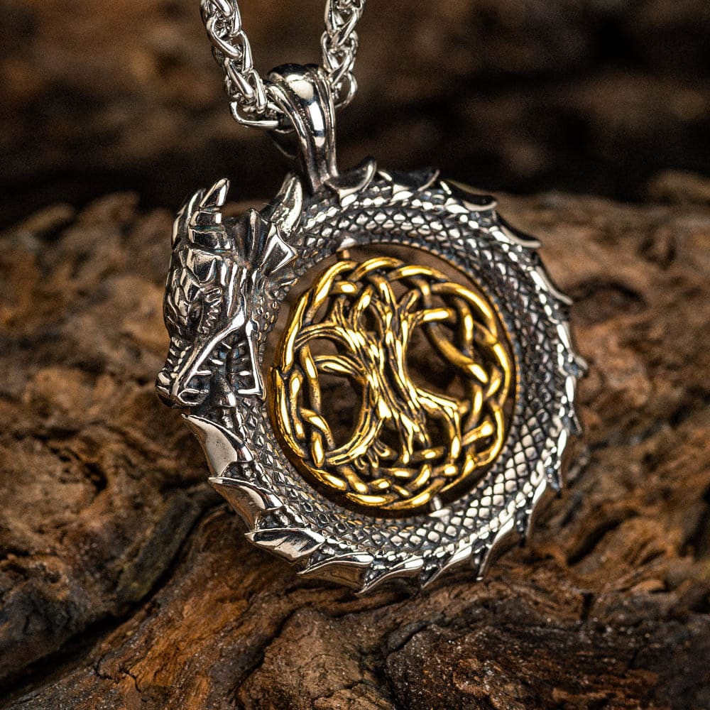Stainless Steel Jormungand Necklace With Central Rotating Tree of Life-Viking Necklace-Norse Spirit