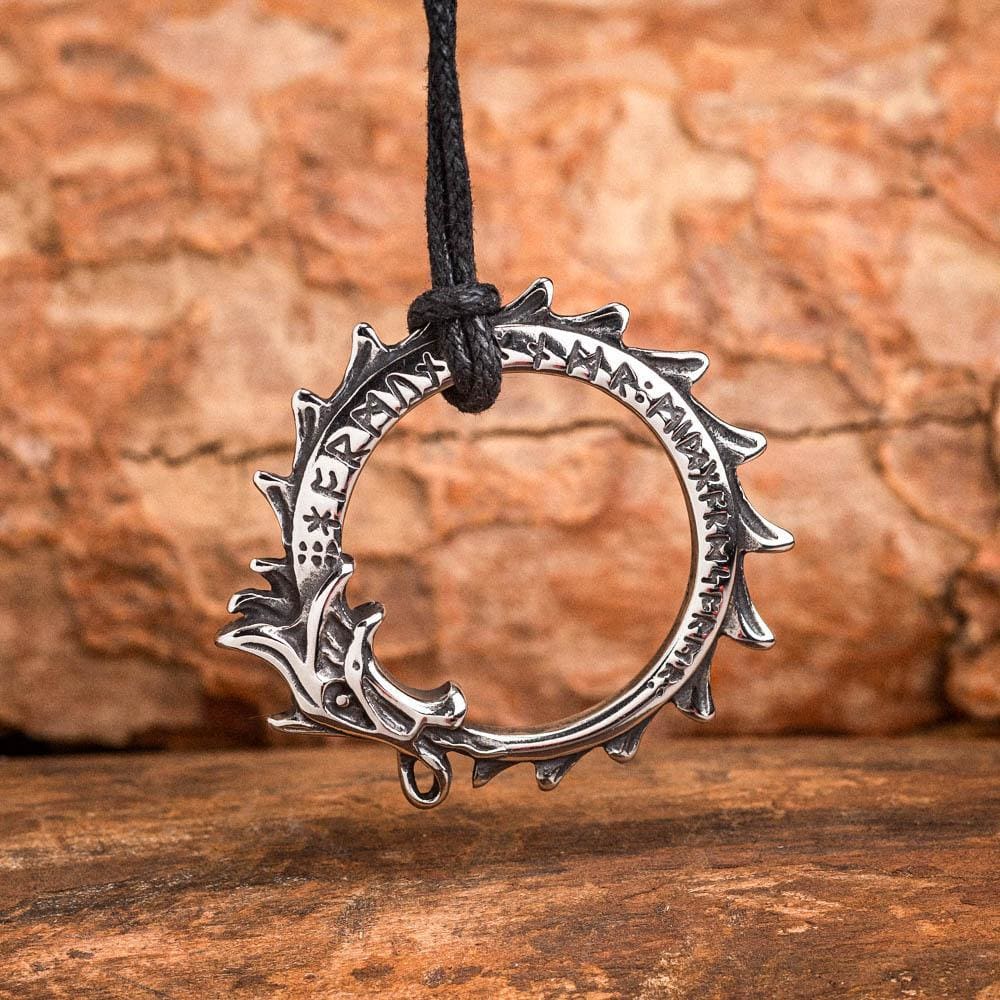 Stainless Steel Jormungand Serpent and Rune Necklace-Viking Necklace-Norse Spirit