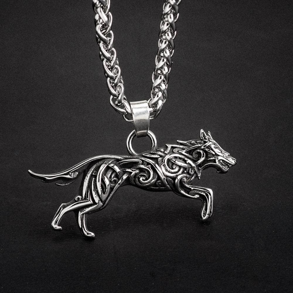 Stainless Steel Knotwork Fenrir Pendant-Viking Necklace-Norse Spirit