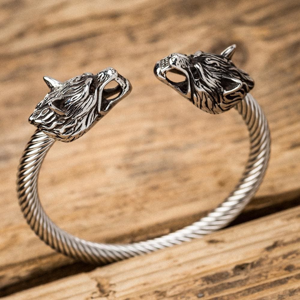 Viking Wolf Arm Ring - STERLING SILVER Geri and Freki Torc Bracelet