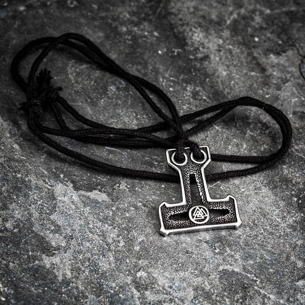 Stainless Steel Mjolnir and Valknut Necklace On Black Cord