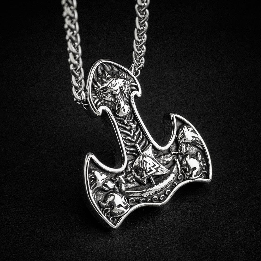 Stainless Steel Mjolnir Necklace With Longship Motif-Necklaces-Norse Spirit