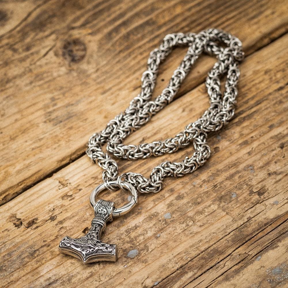 Stainless Steel Mjolnir Pendant on Woven Stainless Steel Chain-Viking Necklace-Norse Spirit