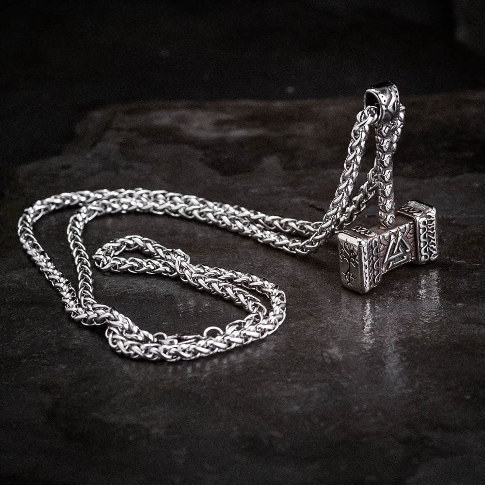 Stainless Steel Mjolnir with Central Valknut Necklace
