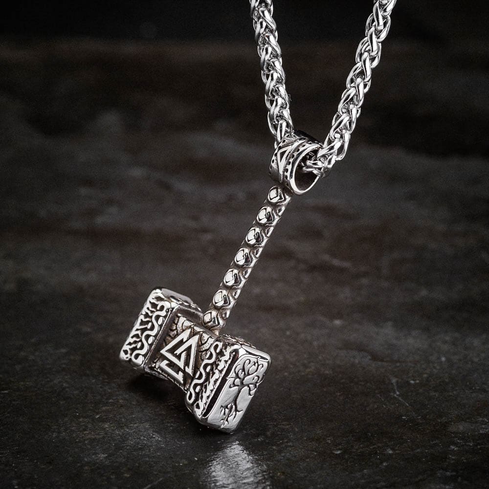 Stainless Steel Mjolnir with Central Valknut Necklace