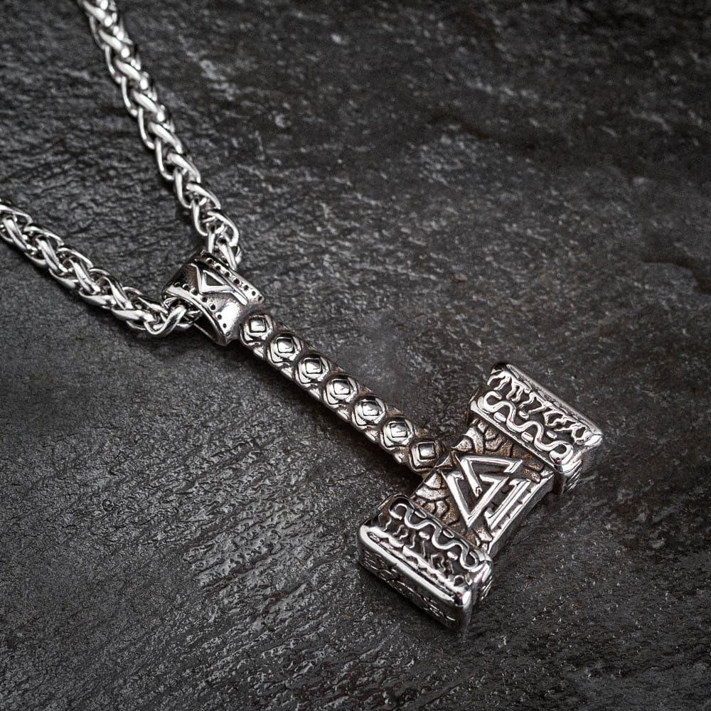 Stainless Steel Mjolnir with Central Valknut Necklace