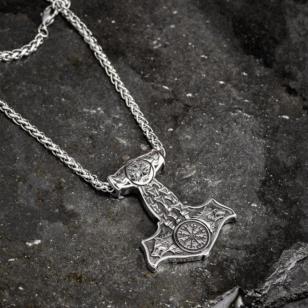 Stainless Steel Mjolnir With Fenrir and Vegvisir Designs-Viking Necklace-Norse Spirit