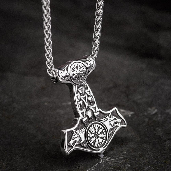 Stainless Steel Mjolnir With Fenrir and Vegvisir Designs - Norse Spirit