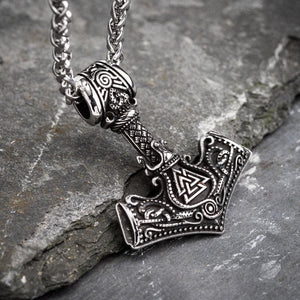 Stainless Steel Mjolnir With Valknut and Tiwaz Rune Necklace-Viking Necklace-Norse Spirit