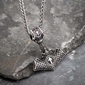 Stainless Steel Mjolnir With Valknut and Tiwaz Rune Necklace-Viking Necklace-Norse Spirit
