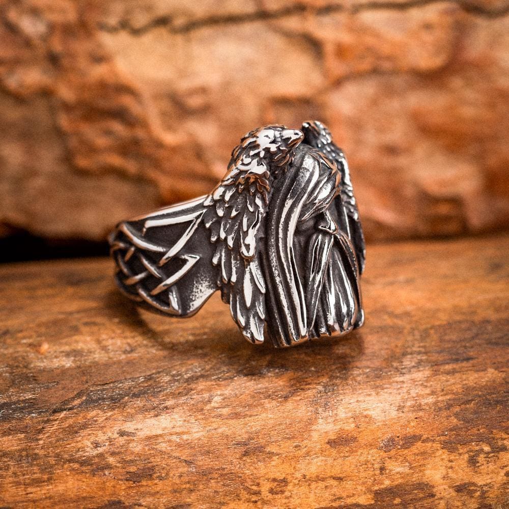 Stainless Steel Odin and Raven Ring - Norse Spirit