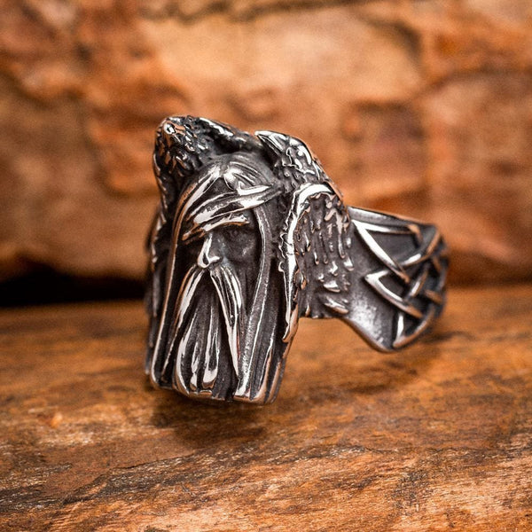 Stainless Steel Odin and Raven Ring Norse Spirit