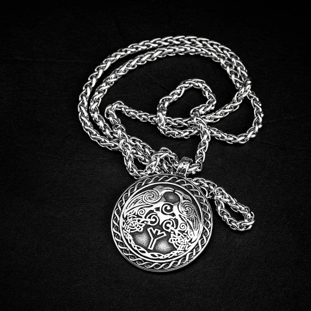 Stainless Steel Raven and Algiz Rune Necklace-Viking Jewelry-Norse Spirit
