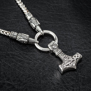 Stainless Steel Raven's Head Kings Chain With Mjolnir Pendant-Viking Necklace-Norse Spirit