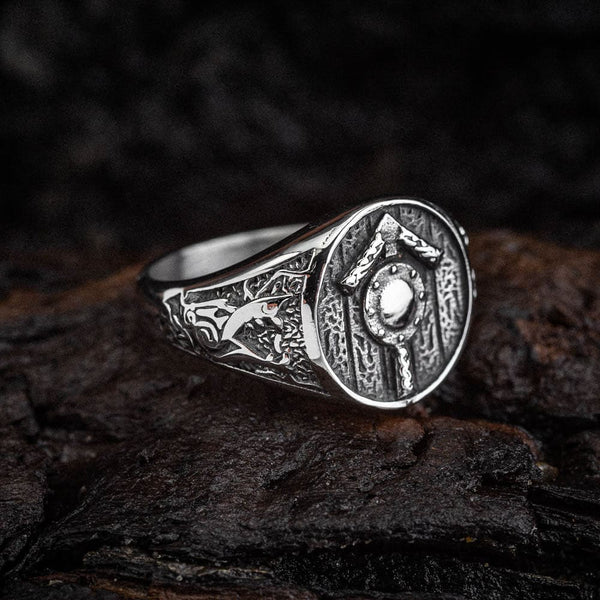 Stainless Steel Shield and Tiwaz Rune Ring - Norse Spirit