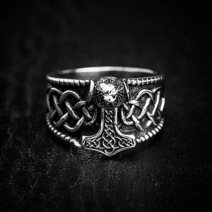 Stainless Steel Thor's Hammer and Celtic Knotwork Ring-Viking Ring-Norse Spirit