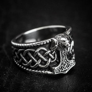 Stainless Steel Thor's Hammer and Celtic Knotwork Ring-Viking Ring-Norse Spirit