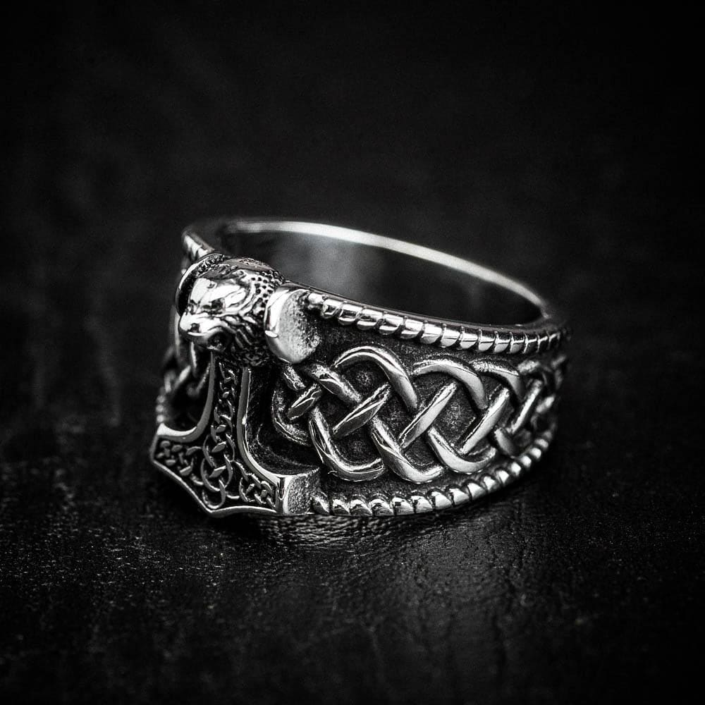 Stainless Steel Thor's Hammer and Celtic Knotwork Ring-Viking Ring-Norse Spirit