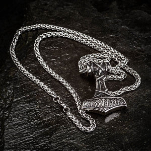Stainless Steel Thor's Hammer With Rune And Ropework Necklace-Viking Necklace-Norse Spirit