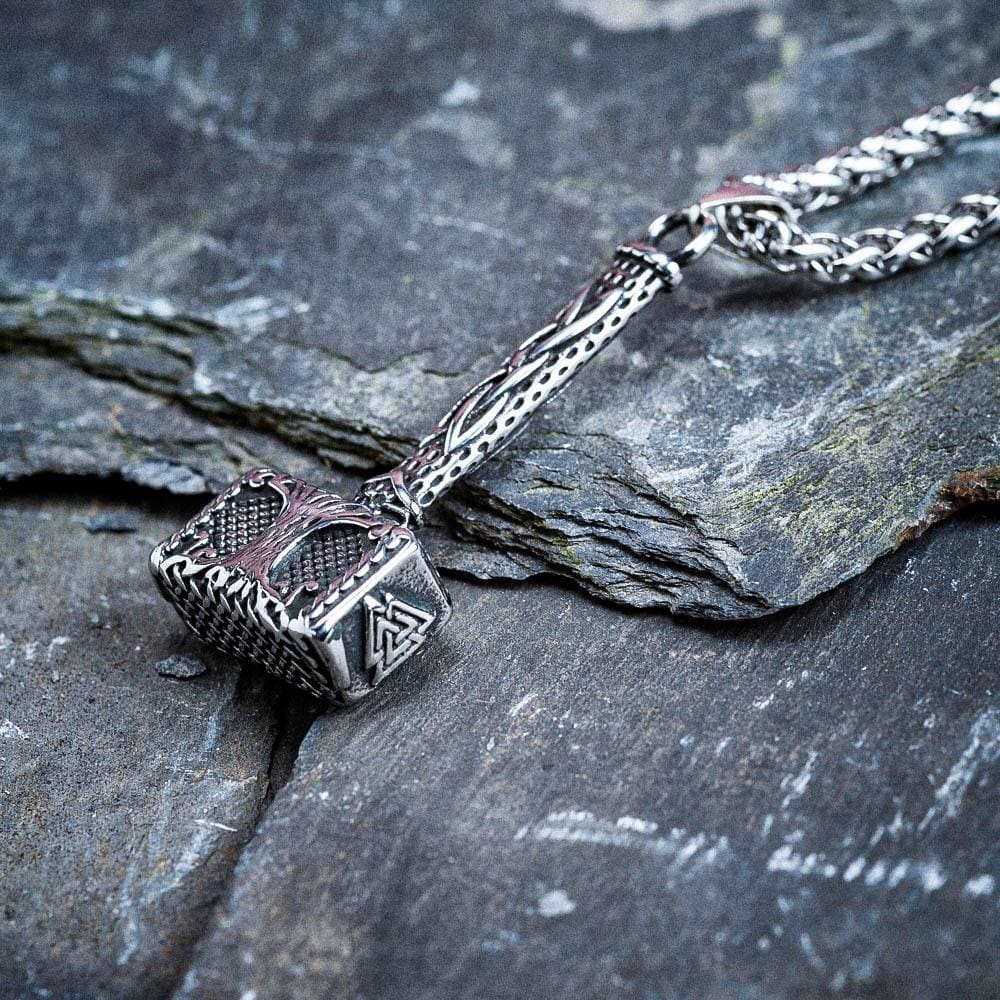 Stainless Steel Thor's Hammer With Tree of Life & Valknut - Norse