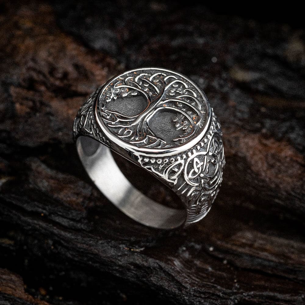 Tree Rings Bear Stainless Steel Tree of Life and Bear Paw Ring - Norse Spirit