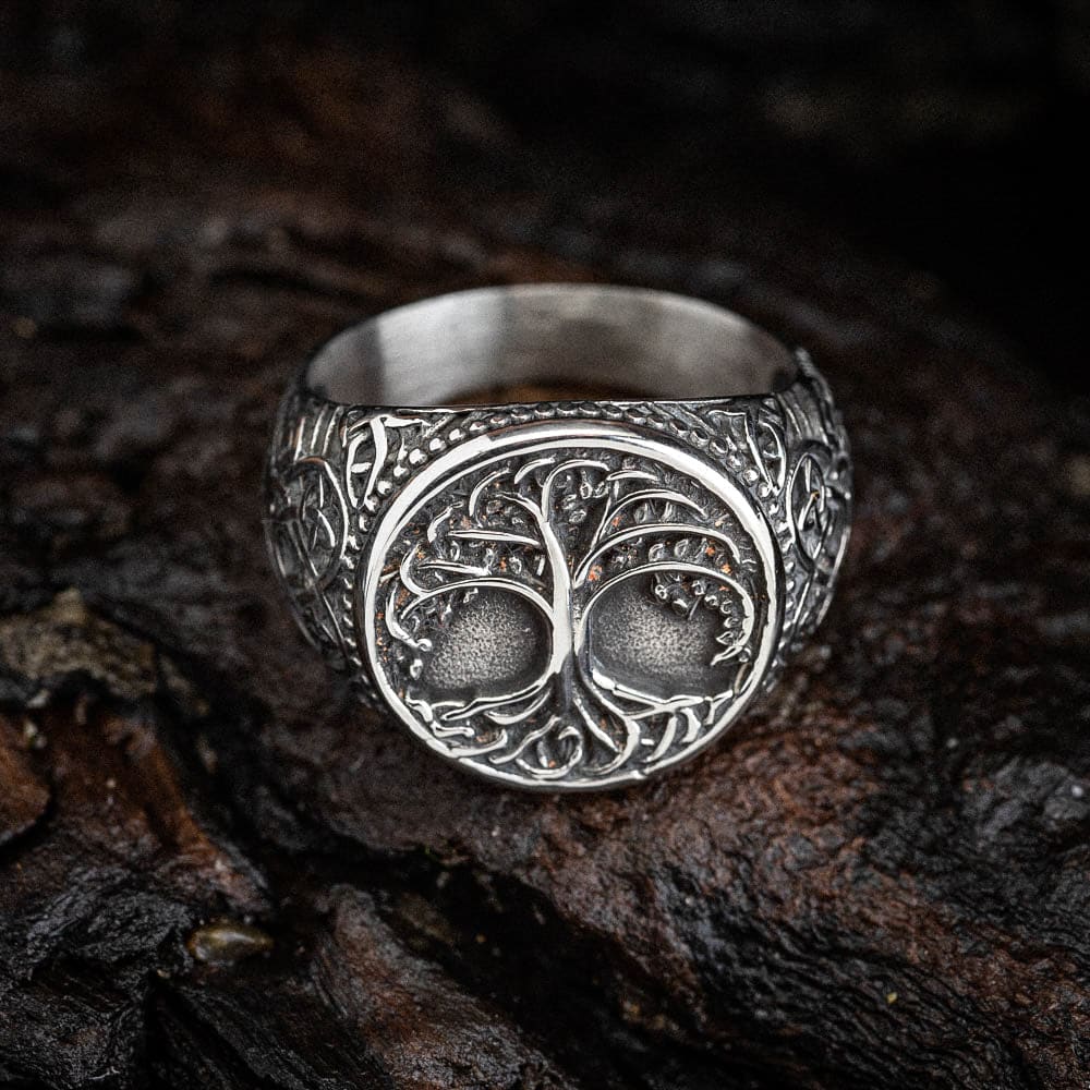 Tree Rings Bear Stainless Steel Tree of Life and Bear Paw Ring - Norse Spirit