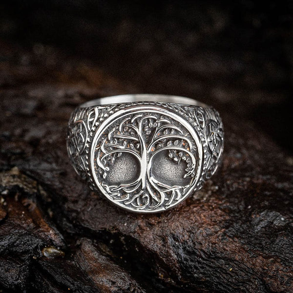 Tree Rings Bear Stainless Steel Tree of Life and Bear Paw Ring - Norse Spirit