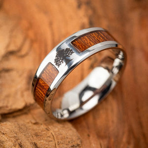 Stainless Steel Tree of Life / Yggdrasil and Wood Inlay Wedding Band-Viking Ring-Norse Spirit