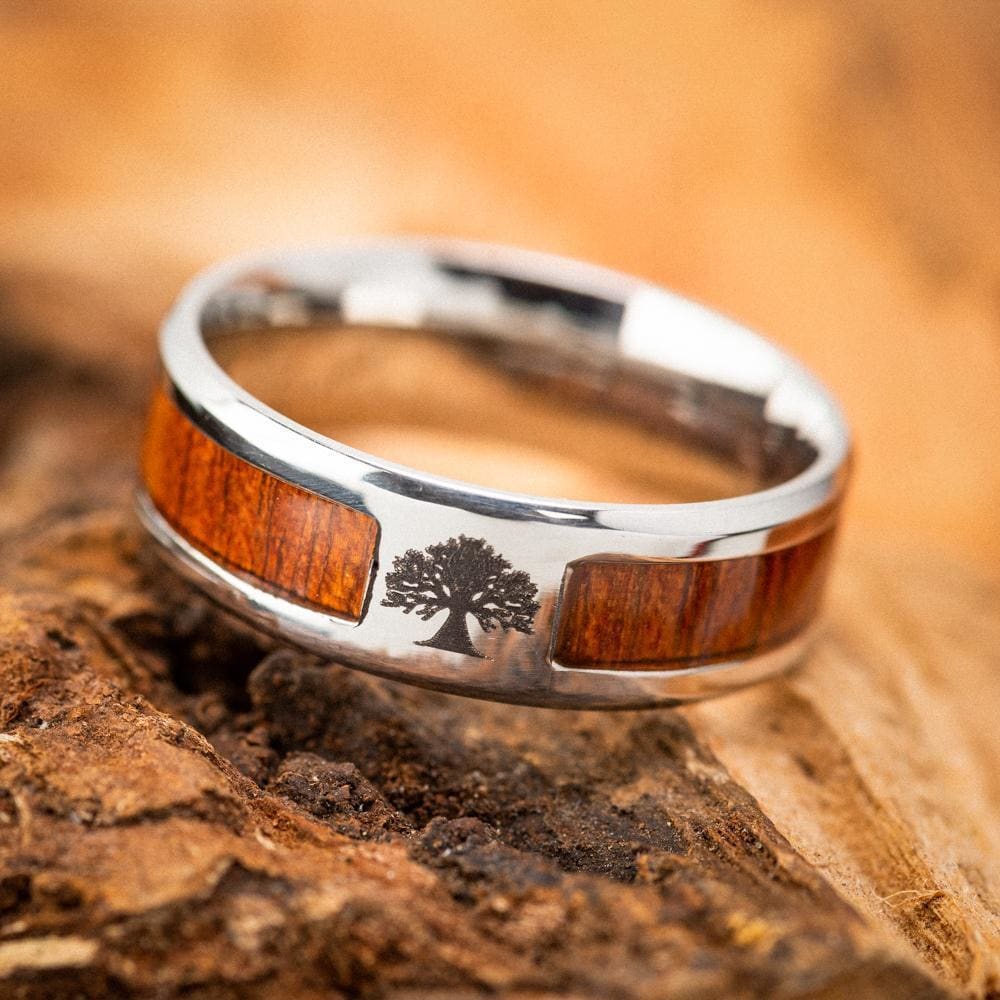 Stainless Steel Tree of Life / Yggdrasil and Wood Inlay Wedding Band-Viking Ring-Norse Spirit