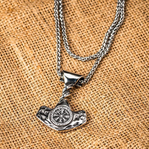 Stainless Steel Twisted Mjolnir Pendant with Vegvisir and Runes-Viking Necklace-Norse Spirit