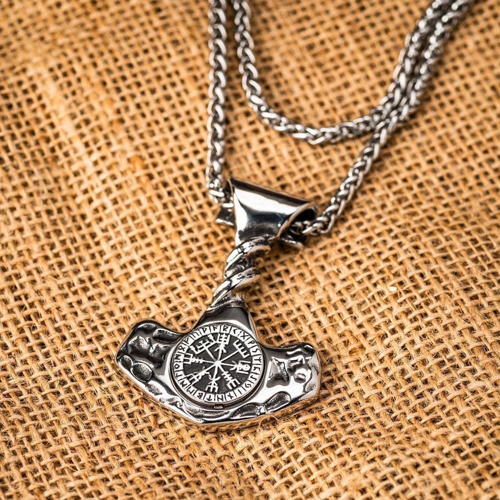 Stainless Steel Twisted Mjolnir Pendant with Vegvisir and Runes-Viking Necklace-Norse Spirit
