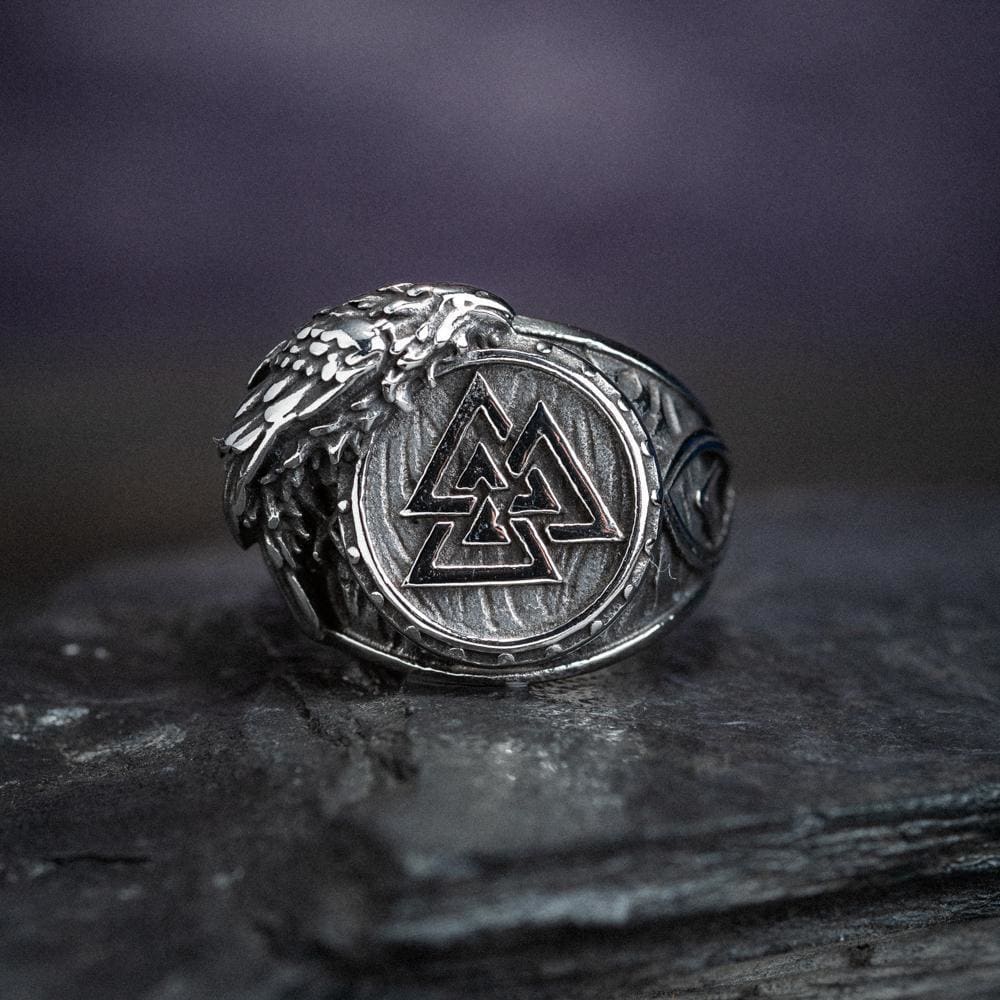 Stainless Steel Valknut and Raven Ring-Viking Ring-Norse Spirit