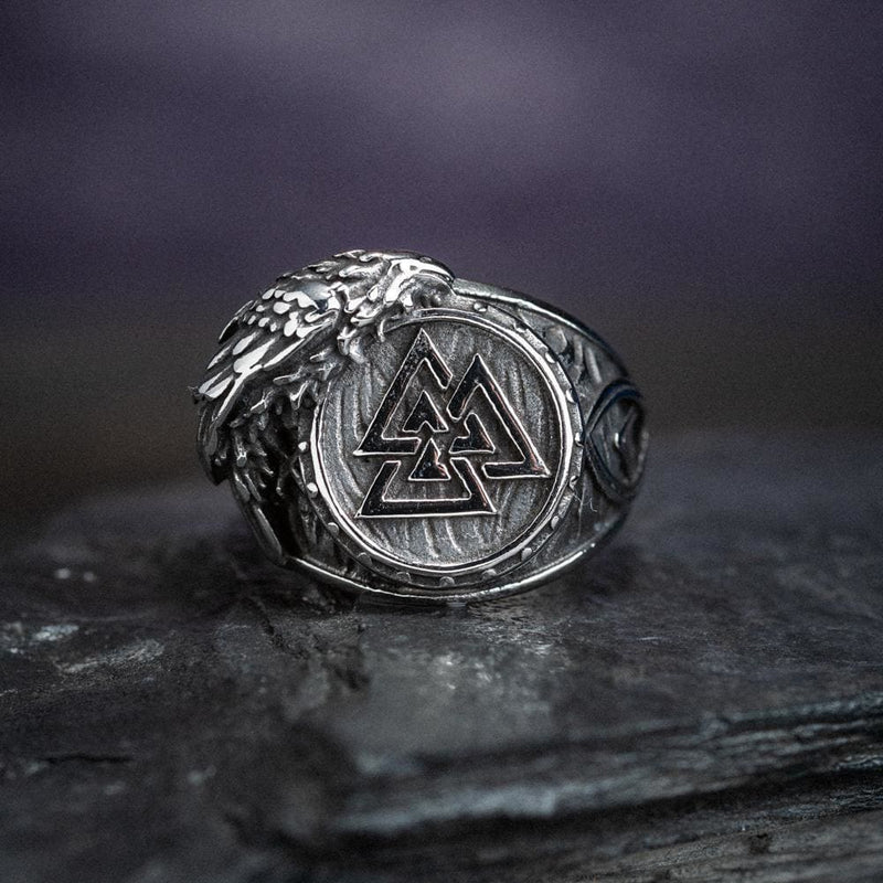 Stainless Steel Valknut and Raven Ring - Norse Spirit