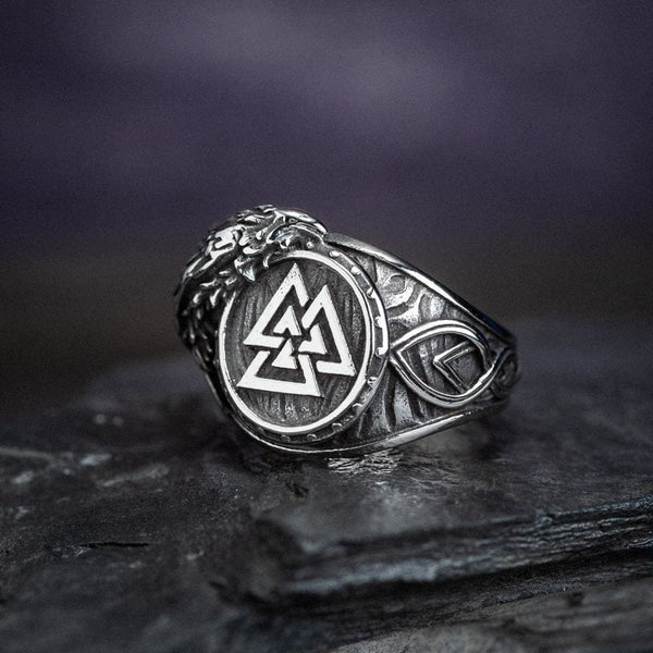 Stainless Steel Valknut and Raven Ring - Norse Spirit
