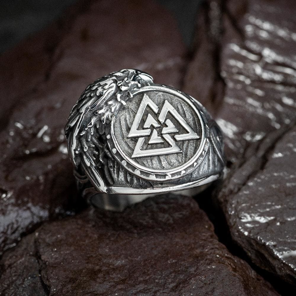 Stainless Steel Valknut and Raven Ring-Viking Ring-Norse Spirit