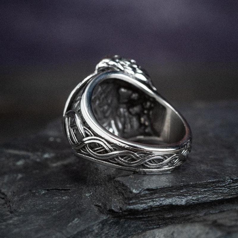 Stainless Steel Valknut and Raven Ring - Norse Spirit